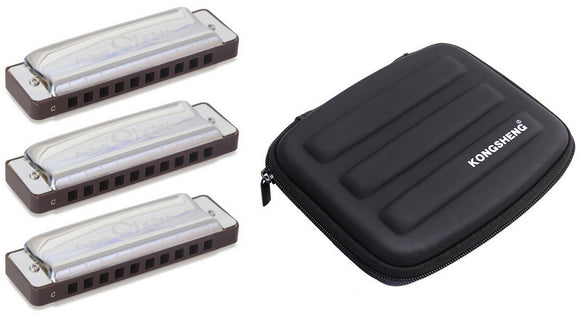 DaBell Story 3 Pack with Kongsheng 3 Slot Case High Quality 10 Hole Diatonic Harmonicas includes Free USA Shipping
