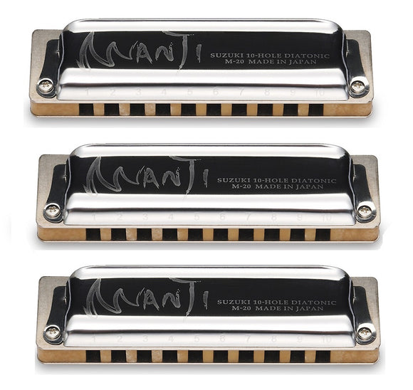 *Deal Of The Day* Suzuki Manji 10 Hole Diatonic Harmonica M-20 3 Pack Keys A, Bb, & G. Includes Free USA Shipping