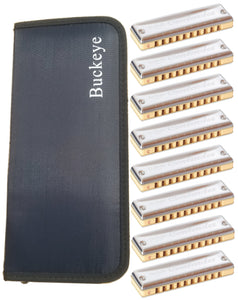 DaBell Contender 8 Pack with Buckeye 8 Slot Case High Quality 10 Hole Diatonic Harmonicas includes Free USA Shipping