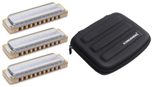 DaBell Noble 3 Pack with Kongsheng 3 Piece Case High Quality 10 Hole Diatonic Harmonicas includes Free USA Shipping